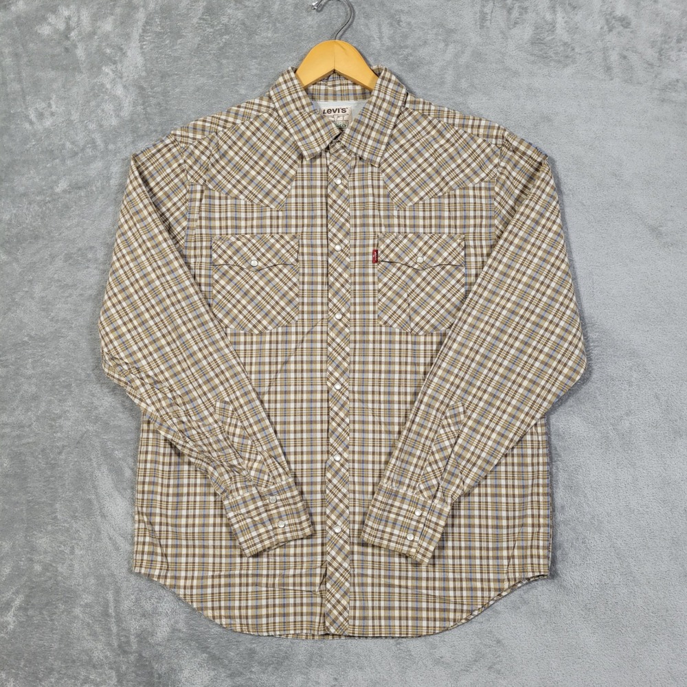 Levi's Shirt Mens Large Pearl Snap Long Sleeve Brown Blue Plaid Western Pockets